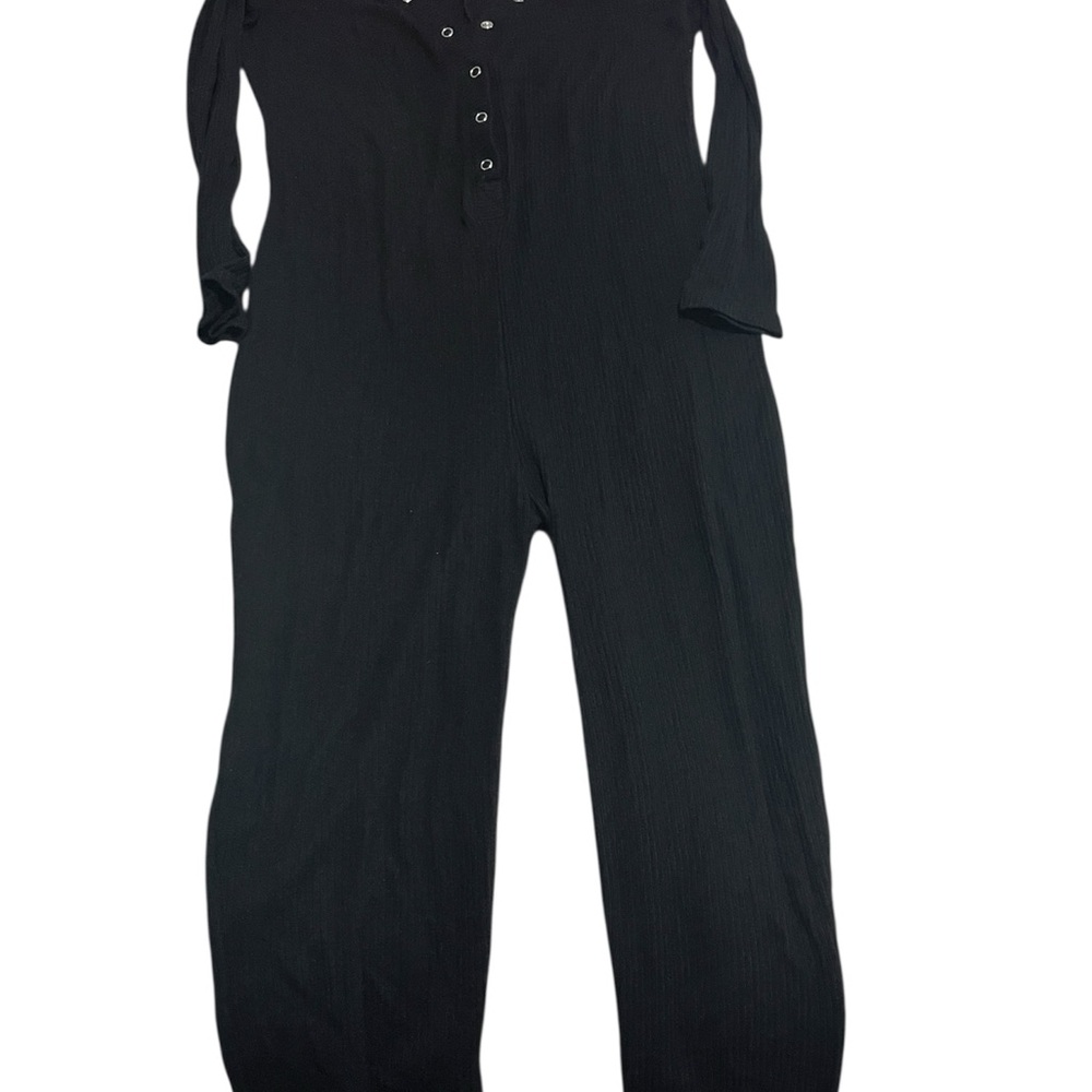Black Ribbed Button-Up Full Bodysuit - Picture 4 of 4